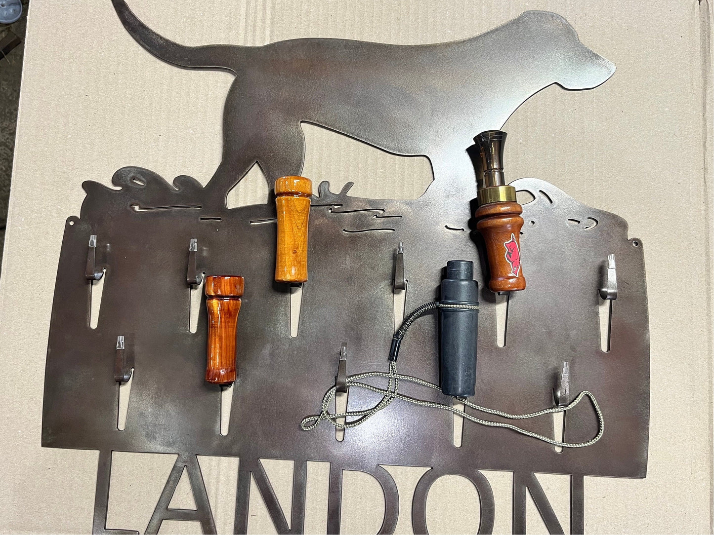 Retriever in Water Call Display Rack for Duck Calls. Personalized, holds 11 calls